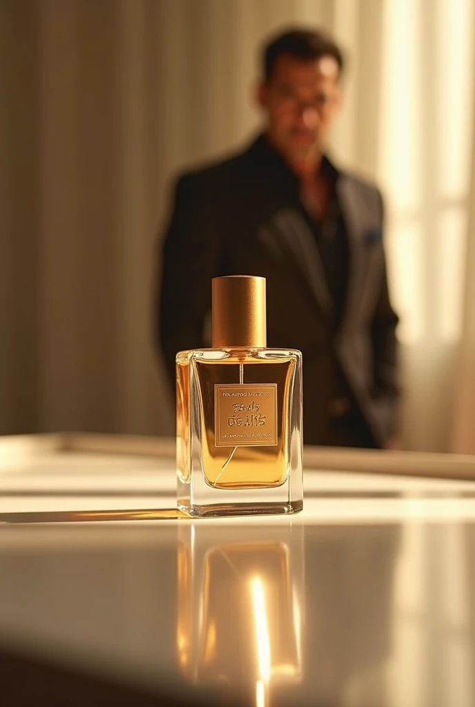 Square clear glass perfume bottle with logo Neals Perfumes and cylindrical golden cap . Salman Khan in background. 