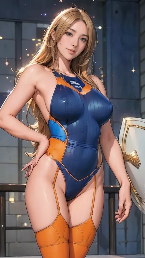 Browsing Caution,Sensual, Long blonde hair, Thick thighs, 8k, 4K, Highest quality, (High resolution:1.6), Cute anime face, Noise Reduction, (Sparkling Blue Eyes, A kind smile:1.3, Kind eyes:1.3)、Toned Abs, Muscular arms, Muscular legs,  Young Face, Anime E...