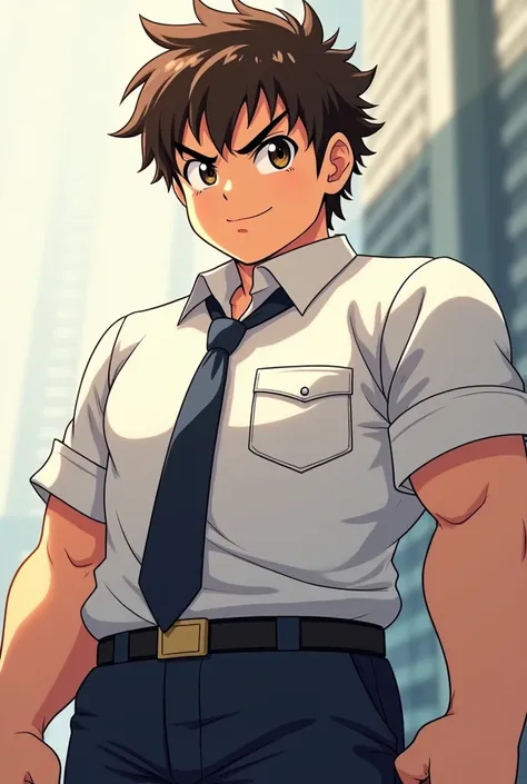 Muscular chubby Boy with medium Brown Hair Wearing school uniform: very large and big and strong and bulky and mean. anime style. chubby face. school outfit. shirt and tie