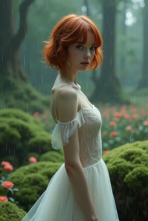 pretty woman under the drizzle, (elegant, beautiful face), transparent white dress, forest moss, (parts:0.8), field of flowers, , Red curly hair, magical atmosphere, (short hair), ((detailed skin, skin texture)), Ultra detailed, (intricately detailed, fine...