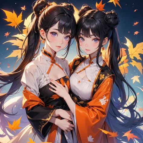 A chibi girl had a small face and Wearing violet little Taoist priests outfit. A pair of big round eyes shone with curiosity about him. her hair is black with two buns on her hair.smiling.

The little chibi baby looked up with his chest raised, and his fac...