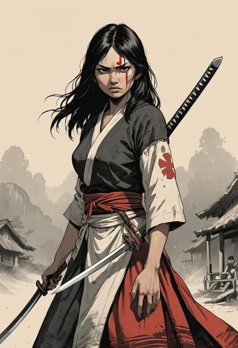 Female Cheyenne, High Contrast, Minimal, Color: Black、Dirty White, strict, dramatic, Graphic novel illustrations, cross hatching, Seminole Wars, Traditional Costume, land,A girl transformed into a Japanese sword。