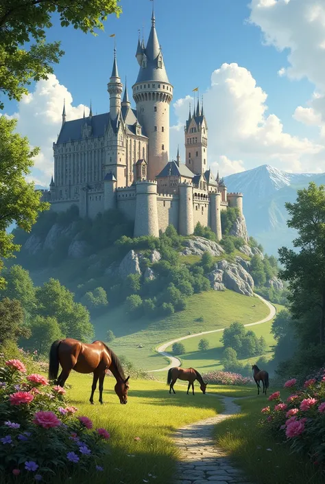 a medieval castle, with a beautiful field and horses in the background, with a road full of flowers

