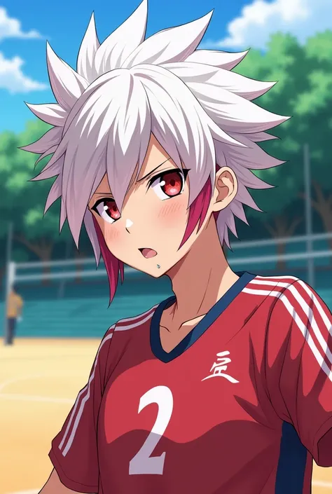 haikyuu style boy smiling,with white layered hair (hair down to the nape of the neck and longer sideburns with pink streaks)red eyes (Lost look)with a piercing on the tongue,nose and eyebrow with Shiratorizawa haikyuu uniform anime style(background of a vo...