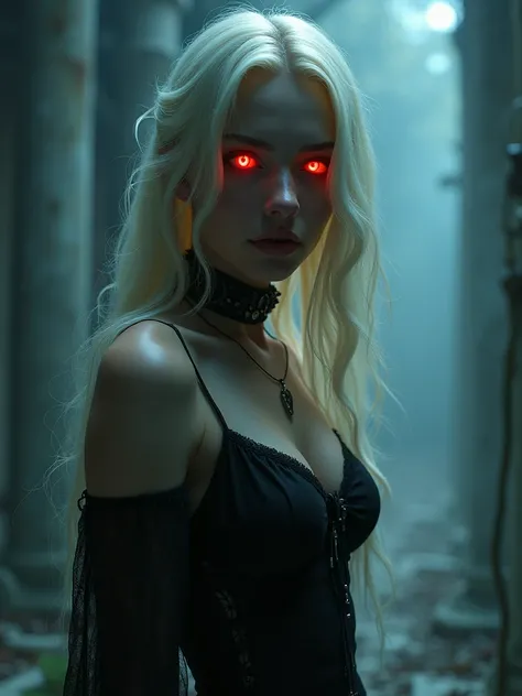 (photorealism:1.2), ((Sexy beautiful girl, cute, Russian beauty, 22 years old, a thin fit body blonde)), ((Highest quality)), ((masterpiece)), (detailed), Nymphomaniac Ghost, glowing red eyes