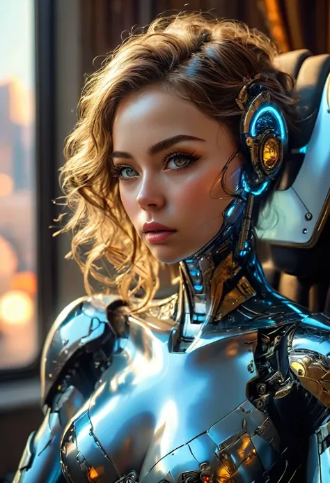 office in a skyscraper in a big city, female cyborg, beautiful detailed eyes, beautiful detailed lips, beautiful detailed face, extremely detailed eyes, extremely detailed face, long eyelashes, sits with her feet up in a luxurious chair, heavy mens boots, ...