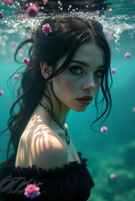 Black_hair_pin up_girl underwater, Her hair spreads around her，Full of red_purple_Flowers_and_bead :: Beautiful freckles, Gothic_cosmetic, heavy_Black_Eyeliner, Dressed complex_Black_Victorian Era_skirt_and_Lace_Ruffles flowing in the water, Fantastic ligh...