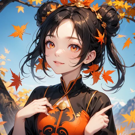 A chibi girl had a small face and Wearing black little Taoist priests outfit. A pair of big round eyes shone with curiosity about him. her hair is black with two buns on her hair.smiling.

The little chibi baby looked up with his chest raised, and his face...