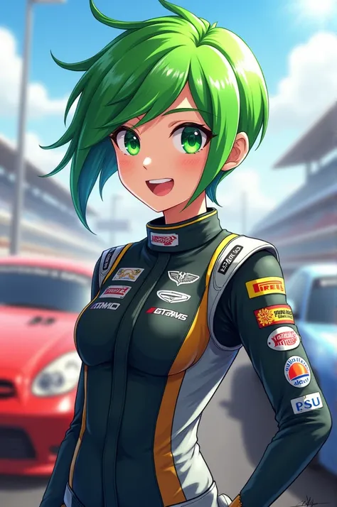 Turn into a fun one with green hair, racing clothes and who likes cars 