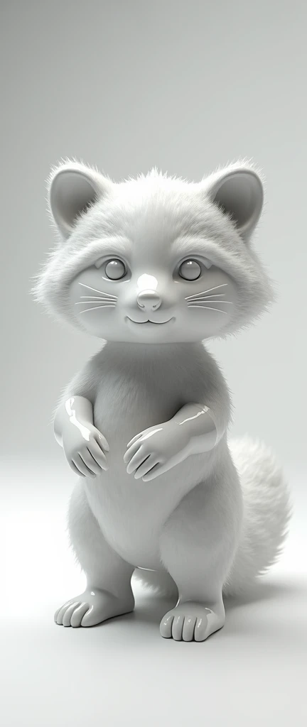 A captivating, ultra-modern minimalist photograph that showcases a highly realistic and fluffy baby raccoon bionic ceramic sculpture. The glossy white finish of the raccoon is artistically rendered, drawing attention to the detailed texture of its fur. The...