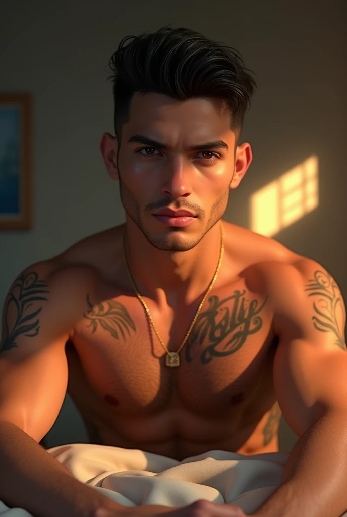 a young man AI high quality muscular tattoo with name “ruy” tanned skin piercing gaze pink mouth with sun on face with realistic animated bedroom background
