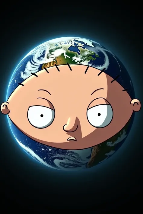 Stewie from family guys face in front of earth