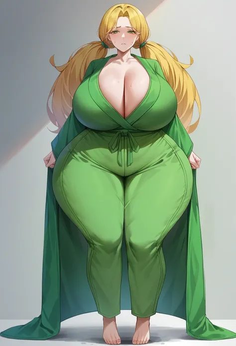 3d Milf,massive breasts,massive ass,wide hips,wears green robe,green sweatpants,two ponytails,long hair,yellow hair,front full body veiw