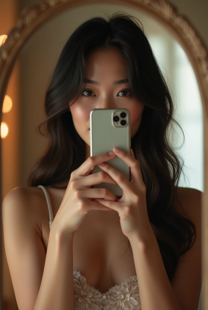 Woman taking a selfie in the mirror、Long Hair，My face is completely hidden by my iPhone、I can&#39;t see your face、Beautiful woman、Full Body Shot、
Asian