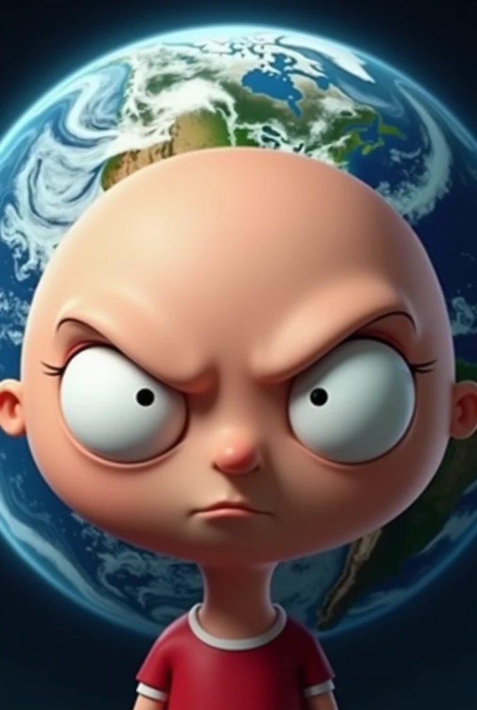 Stewie from family guys face in front of earth