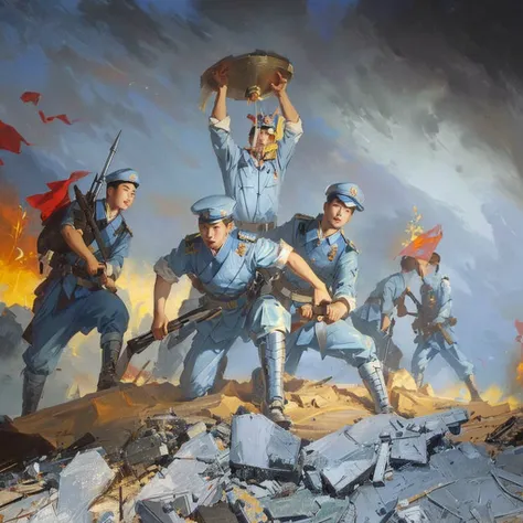 chinese people'sboy soldiers holding tools and mriages,picking up rubble on the battlefield in blue uniforms,with red flags flut...