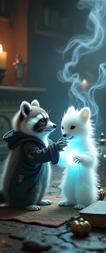 A captivating photograph of a cute extra fluffy baby realistic raccoon with silver FUR, dressed in an intricate BLACK and white SUIT, engaging with a glowing, ethereal BABY POLAR BEAR-like spirit. The setting appears to be a dimly lit, mystical room filled...