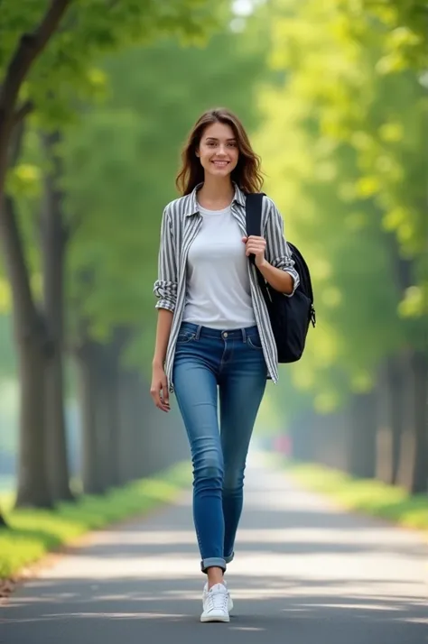 A girl wearing a white t-shirt, jeans and a striped shirt, wear white sneakers, black backpack not too big. She was walking down the tree-lined road. 