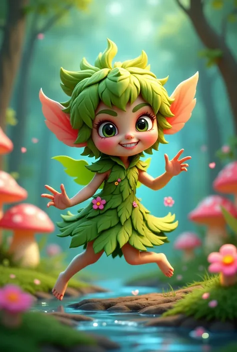 Create a 3D stylized character named Fern, a playful forest sprite that embodies the vibrant energy of nature. Fern should be depicted as a small, agile creature with leaf-like wings, a flowing gown made of vines and flowers, and a mischievous grin. The ch...