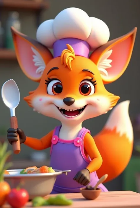 name: Foxy Frizz Style: Disney Pixar 3D Personality: friendly, Cunning, passionate about cooking and decorating.
Appearance:
colors: Vibrant shades of orange and white, purple and pink details.
Accessories: chef hat, purple apron with pink details, and kit...