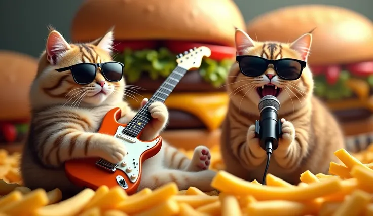 A cat wearing sunglasses playing an electric guitar on a bed of french fries in a hamburger world and a cat wearing sunglasses singing with a microphone