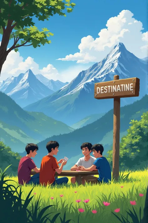 image of a group of city youth who want to go to the mountains, with a mountain backdrop, there is a destination signboard, and a post on the edge of the rice field filled with young men playing cards