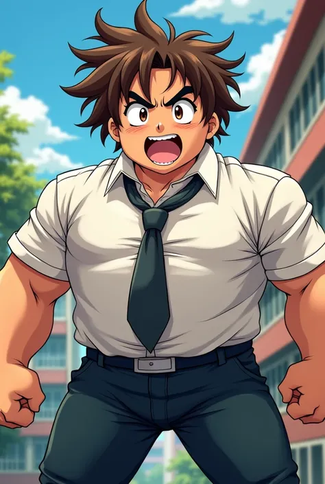 Muscular chubby Boy with long Brown Hair Wearing school uniform: very large and big and strong and bulky and mean. anime style. chubby face. school outfit. shirt and tie. 