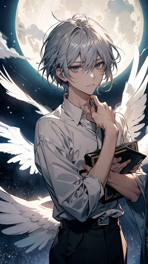 anime character with White Wings and a white shirt, !! takeshi amano!!, Giant white glowing wings, 1. Honor, Kaworu Nagisa, White Wings, Moon Yagami, Natsumes Book of Friends, 全身の雄大なAngel, Angel, Hajime Yatate, silver wings, Moon Yagami, young wAngel