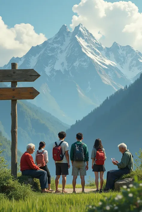 image of a group of city youth who want to go to the mountains, with a mountain backdrop, there is a destination signboard, and a post on the edge of the rice field containing 4 old people playing cards