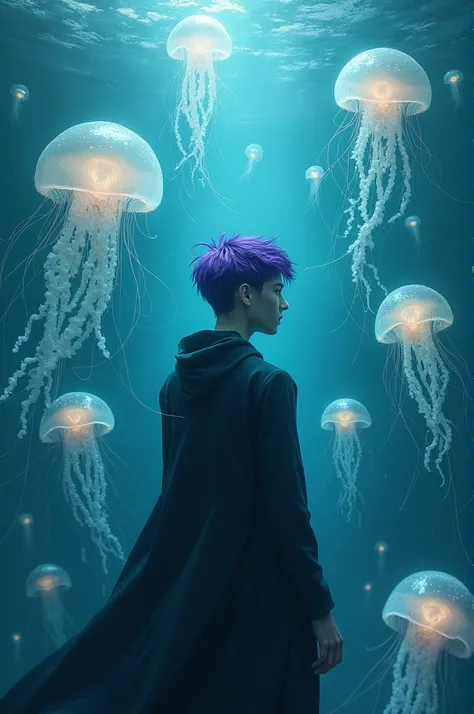 Jellyfishesh surrounding purple haired guy in underwater  