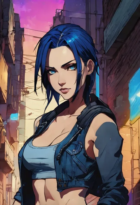 (good quality), (many details), (masterpiece), A close-up of a person in jeans and a tank top, portrait of Jinx from Arcana, dark blue hair, powerful, athletic, serious melancholic face, small breasts, black band on upper arms, strong, in an alley at night...