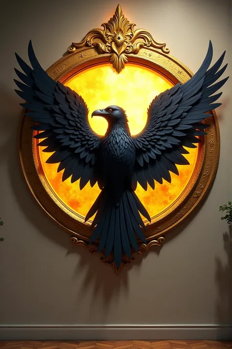 Family coat of arms displayed on the wall, a raven with open wings, on a round golden background, fan art