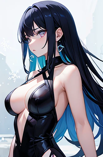 Anime, woman, long hair, pale blue hair, pink eyes, gently, earrings, big boob, wearing a black dress, beautiful, elegant, pure, fantasy, ice, snowflake, snow land, cool, noble,