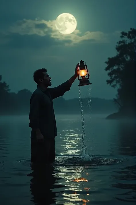 (For Hindi bhot story)Then he throws the lamp back into the river and happily goes back to his home.