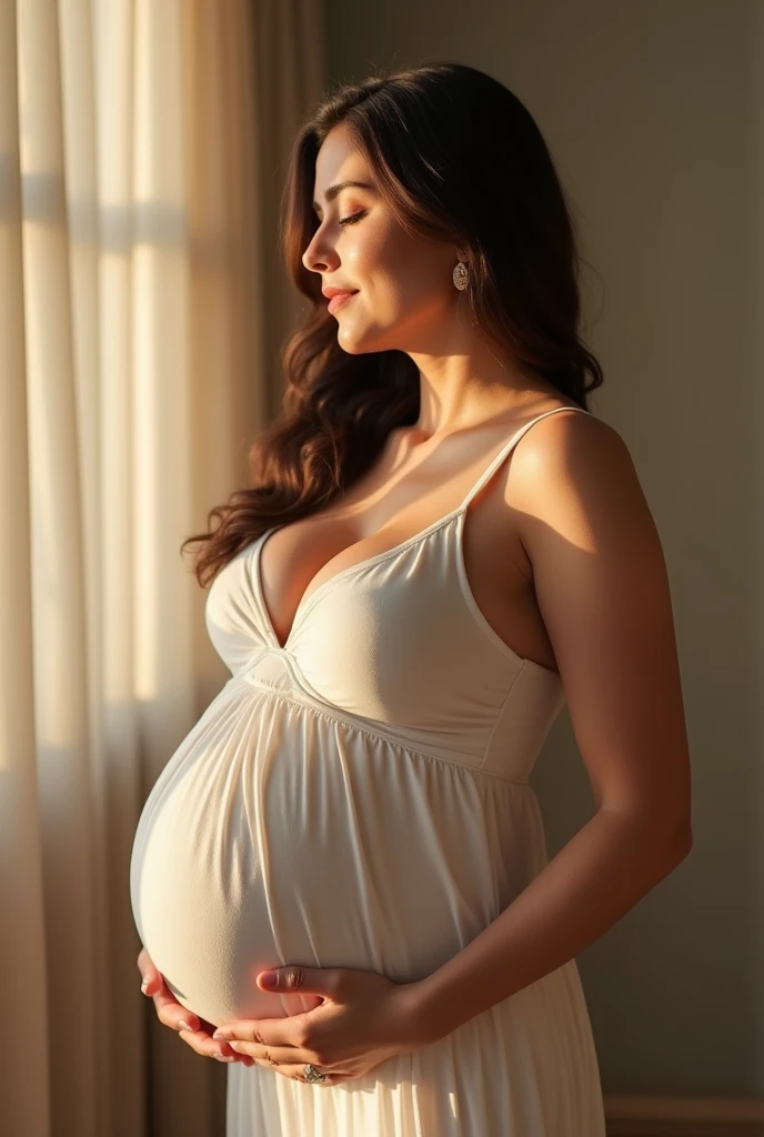 Pregnant housewife, third trimestr,curvy boops, indoors, soft, soft face, big boops size E, tight dress, beautiful woman, big boops!!, looking natural