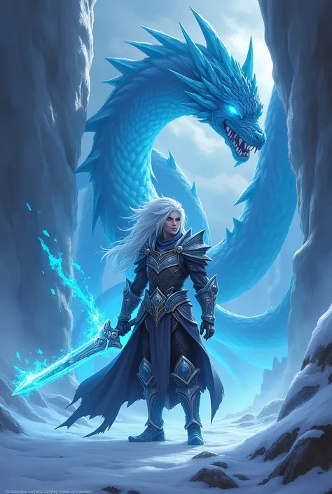 A Cryo Claymore user with long, spiky ice-blue hair and golden eyes. She stands confidently at the entrance of a frozen Dragonspine dungeon, holding a glowing, icy claymore. She wears dark armor with silver and blue accents, and a tattered cloak blowing in...