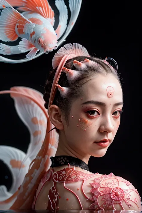 photo RAW, (Black, dark red and neon pink : Portrait of 2 ghostly long tailed white koi, woman, shiny aura, highly detailed, red filigree, intricate motifs, organic tracery, Januz Miralles, Hikari Shimoda, glowing stardust by W. Zelmer, perfect composition...