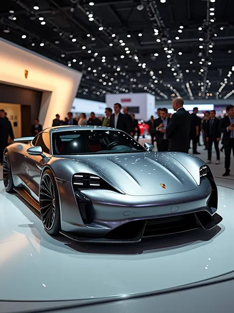 Porsche concept car in auto expo, include hyper realism, hd, 4k.