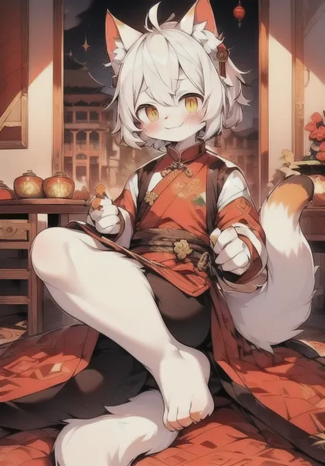 Cat Boy，Q version，cute，Hairy all over，Big furry tail，Orange white fur，Silver hair，Golden Eyes，Hanfu，Chinese-style palace，blush，Smile