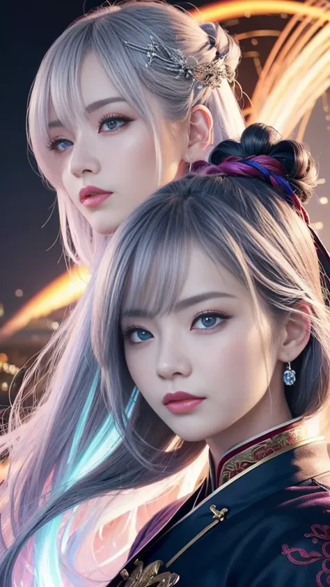 masterpiece, high quality、high resolution、High resolution、wonderful, (CG illustration、8k )、night, Outdoor,  ancient China, ((2 women)), Mature Woman, Blue and white hair color, Gray blue eyes, Pale pink lips, Indifference, 真swordさ, bangs,Surreal Onmyoji、Un...