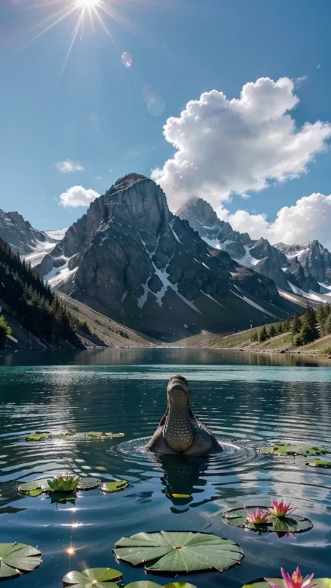 A playful baby dragon splashing around in a sparkling mountain lake, its iridescent scales reflecting the bright, midday sun. The dragon lets out joyful bursts of steam as it frolics in the water, surrounded by towering snow-capped peaks and cascading wate...