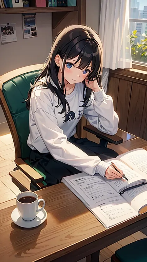 Cute room、One girl studying(sit a chair)、desk work(I have a notebook)、Long Black Hair、Mug on desk(Steaming)、Thinking Face、Write notes with a pen