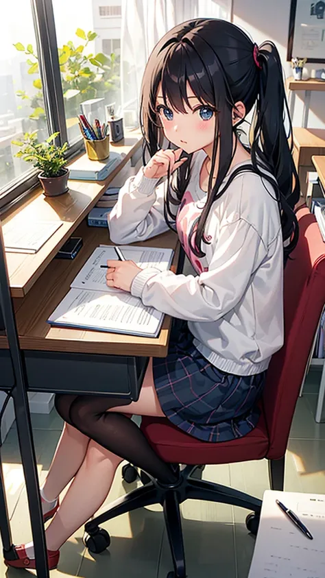 Cute room、One girl studying(sit a chair)、desk work(I have a notebook)、Long Black Hair、Mug on desk(Steaming)、Thinking Face、Write notes with a pen