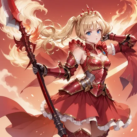 score_9_up, score_9, score_8_up, score_7_up, source_anime,masterpiece, best quality, high resolution, extremely detailed CG, absurdres, highres, 1girl, a female knight in metal armor, skirt, frills, holding the scythe of flame, red_outfit, cropped shoulder...