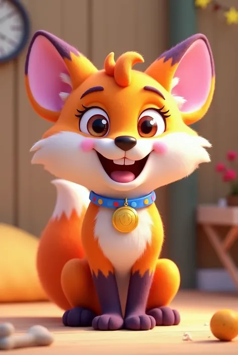 Section Mascot Creation "Pets"

Create a 3D Disney Pixar style fox named Furry Friend Fox. She must exude a loving personality, playful and affectionate, perfect for a section dedicated to pets.

colors: Warm tones of orange and white, with purple and pink...