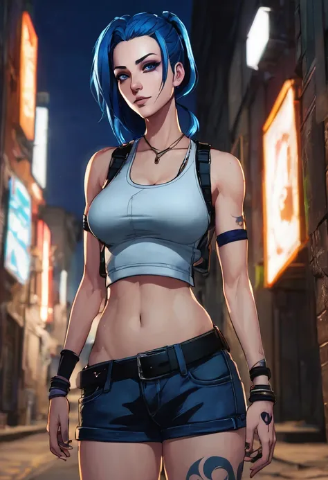 (good quality), (many details), (masterpiece), A close-up of a person in jeans and a tank top, portrait of Jinx from Arcana, dark blue hair, powerful, athletic, serious melancholic face, small breasts, black band on upper arms, strong, in an alley at night...