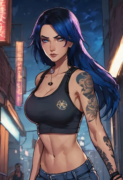 (good quality), (many details), (masterpiece), A close-up of a person in jeans and a tank top, portrait of Jinx from Arcana, dark blue hair, powerful, athletic, serious melancholic face, small breasts, black band on upper arms, strong, in an alley at night...