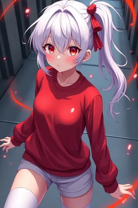 White hair，Red eyes，Unilateral side ponytail，White stockings，Red sweatshirt，talent，，Anime style，Female characters