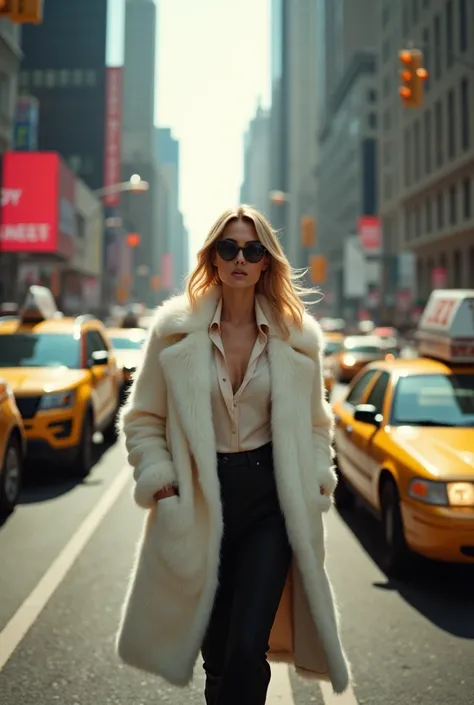 a blonde model walking under a new york taxi wearing a white fur coat, sunglasses, traffic is chaos and she is in downtown new york