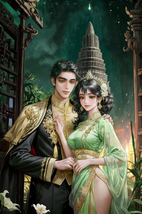 masterpiece, best quality, couple, standing near the prambanan temple, ramayana balet style, romantic and charming, dark black curly hair, fair skin, temple style, light black eyes, flower blossom, light smile, green attire suit, javanese style, detailed, ...